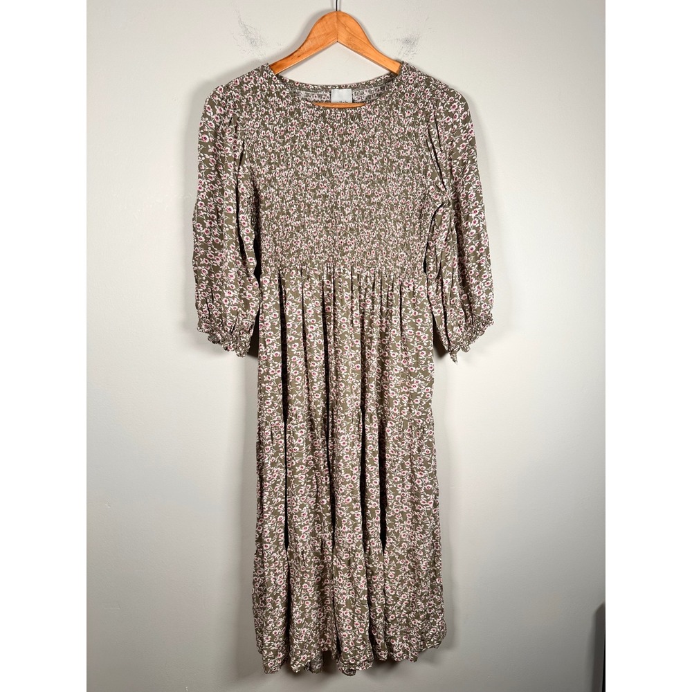 Elloh Floral Smocked Midi Dress Womens Large Olive Green EE1097 cottagecore